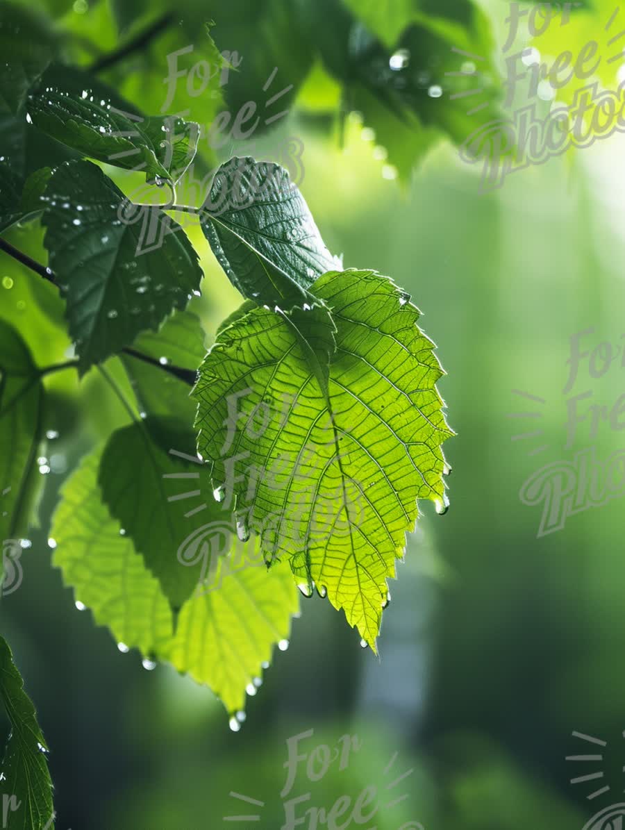 Fresh Green Leaves with Raindrops in Lush Nature