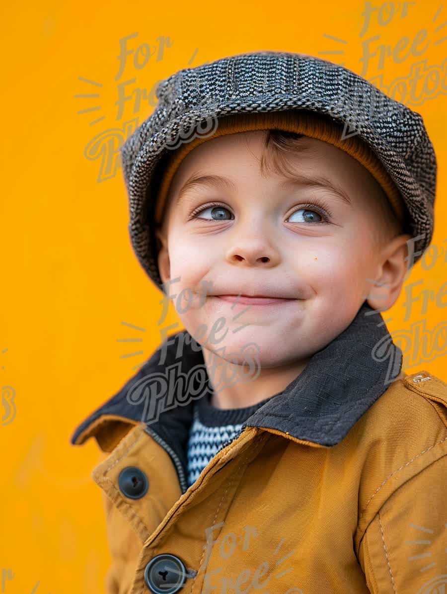 Charming Young Boy in Vintage Hat Against Bright Orange Background