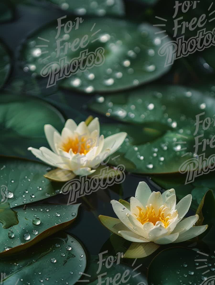 Serene Water Lilies with Dew Drops on Lush Green Leaves - Tranquil Nature Scene