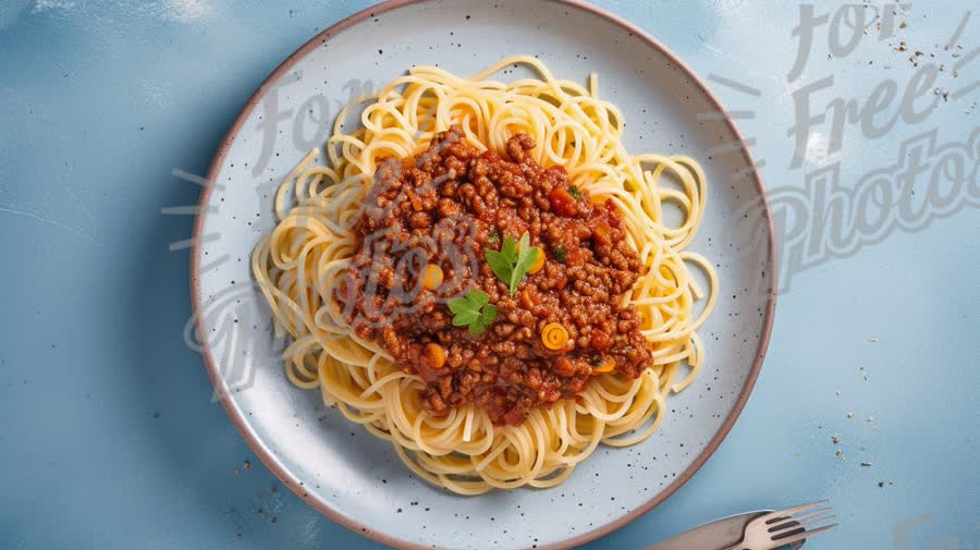 Delicious Spaghetti Bolognese with Fresh Herbs on a Blue Plate