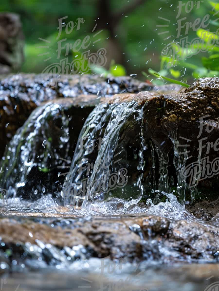 Tranquil Waterfall with Sparkling Water Droplets in Lush Greenery