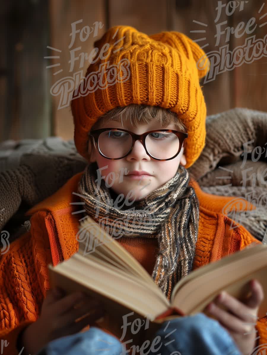 Cozy Autumn Reading: Child in Knit Hat and Scarf with Book