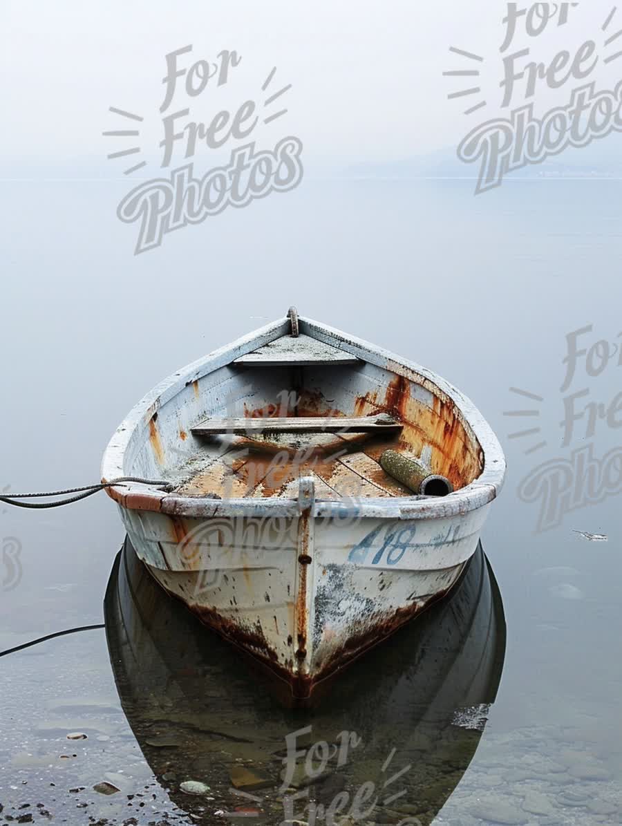 Serene Abandoned Boat on Calm Waters: Tranquility and Reflection