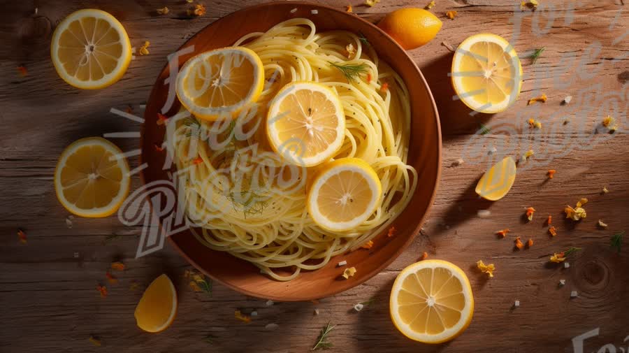 Fresh Lemon Pasta Dish with Citrus Garnish on Rustic Wooden Table