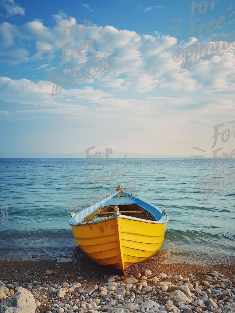 Serene Yellow Boat on Tranquil Shoreline Under Blue Sky