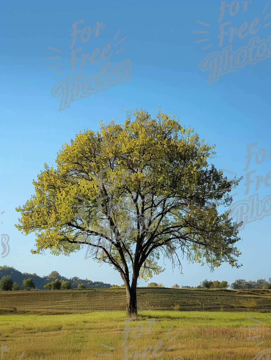 Solitary Tree in Open Field Under Clear Blue Sky - Nature Landscape