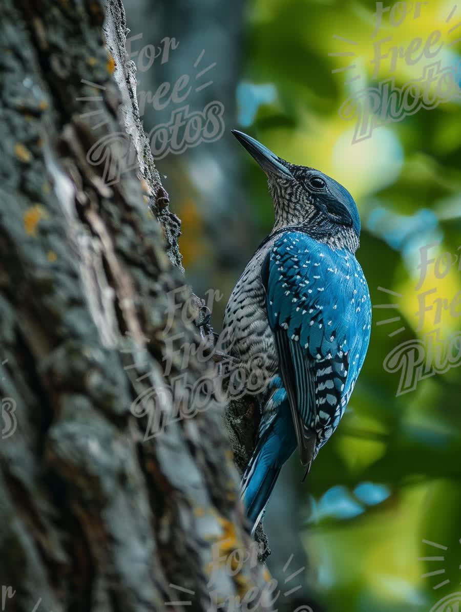 Vibrant Blue Bird Perched on Tree Bark in Nature