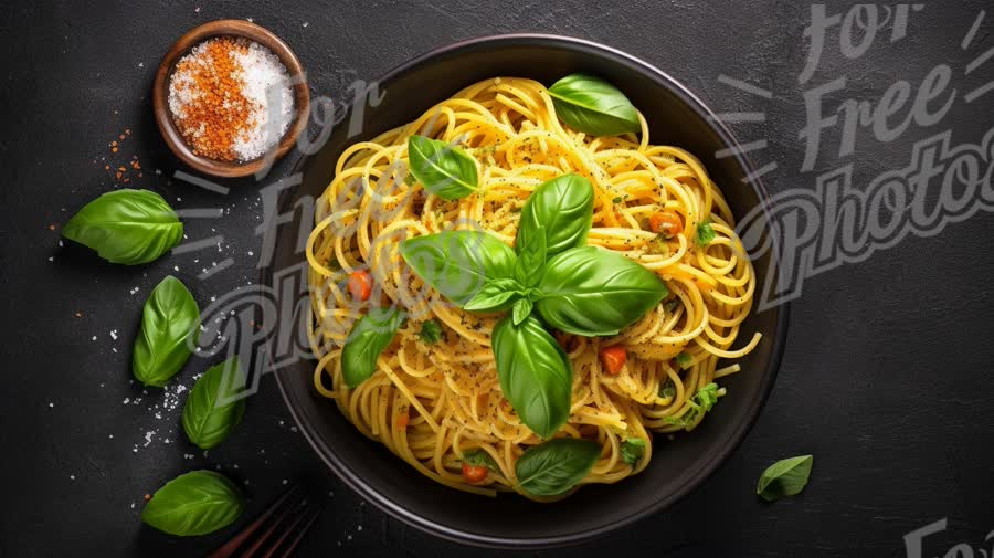 Delicious Spaghetti with Fresh Basil and Seasoning on Dark Background