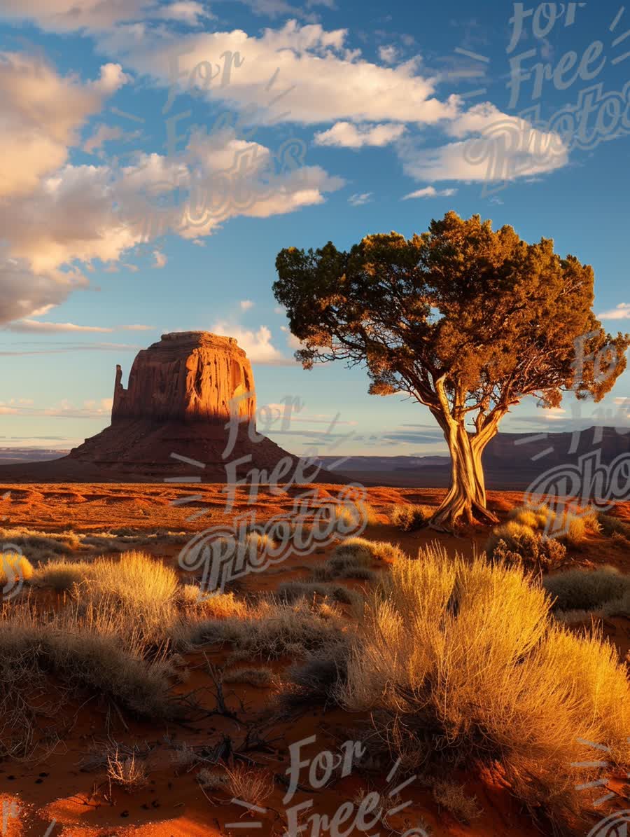 Majestic Monument Valley Landscape at Sunset with Iconic Butte and Lone Tree