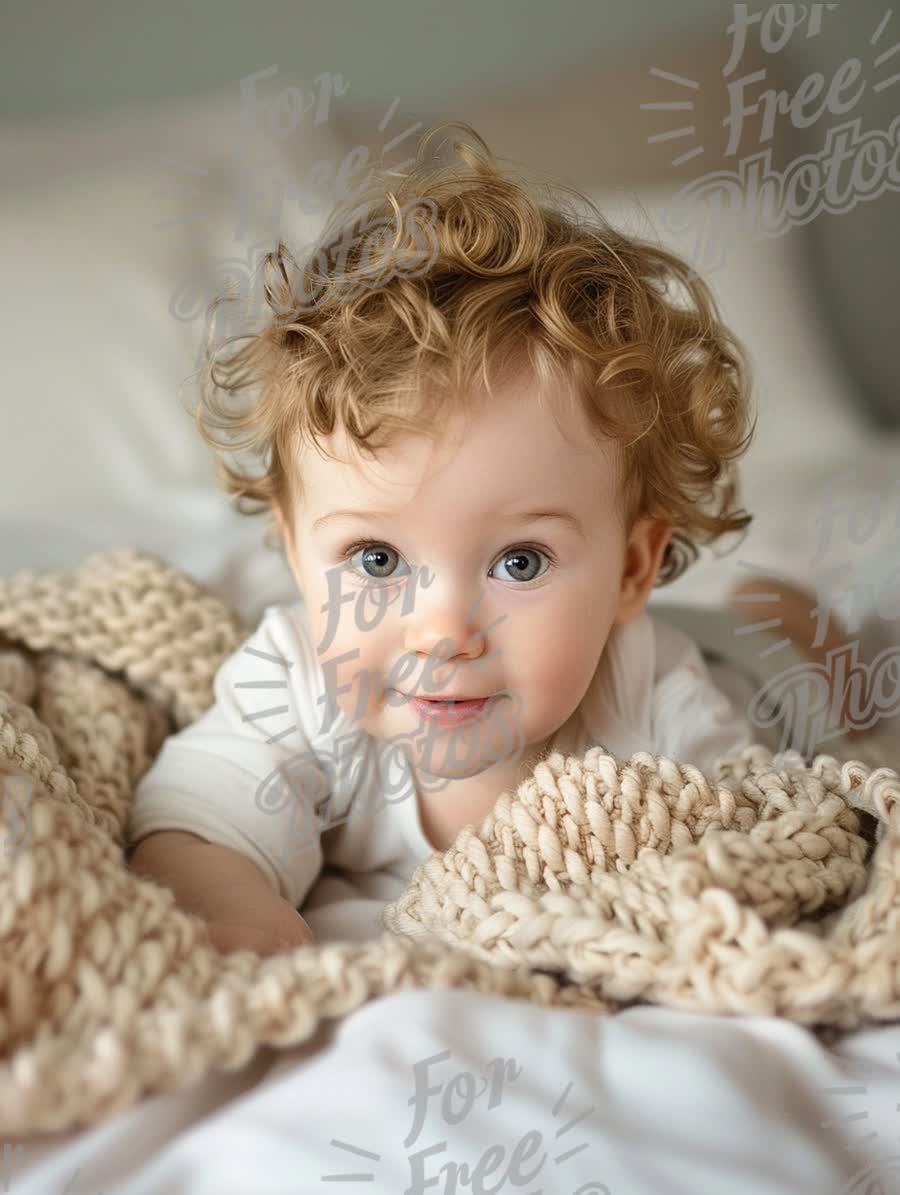 Adorable Baby with Curly Hair on Cozy Blanket - Infant Portrait for Family and Parenting Themes