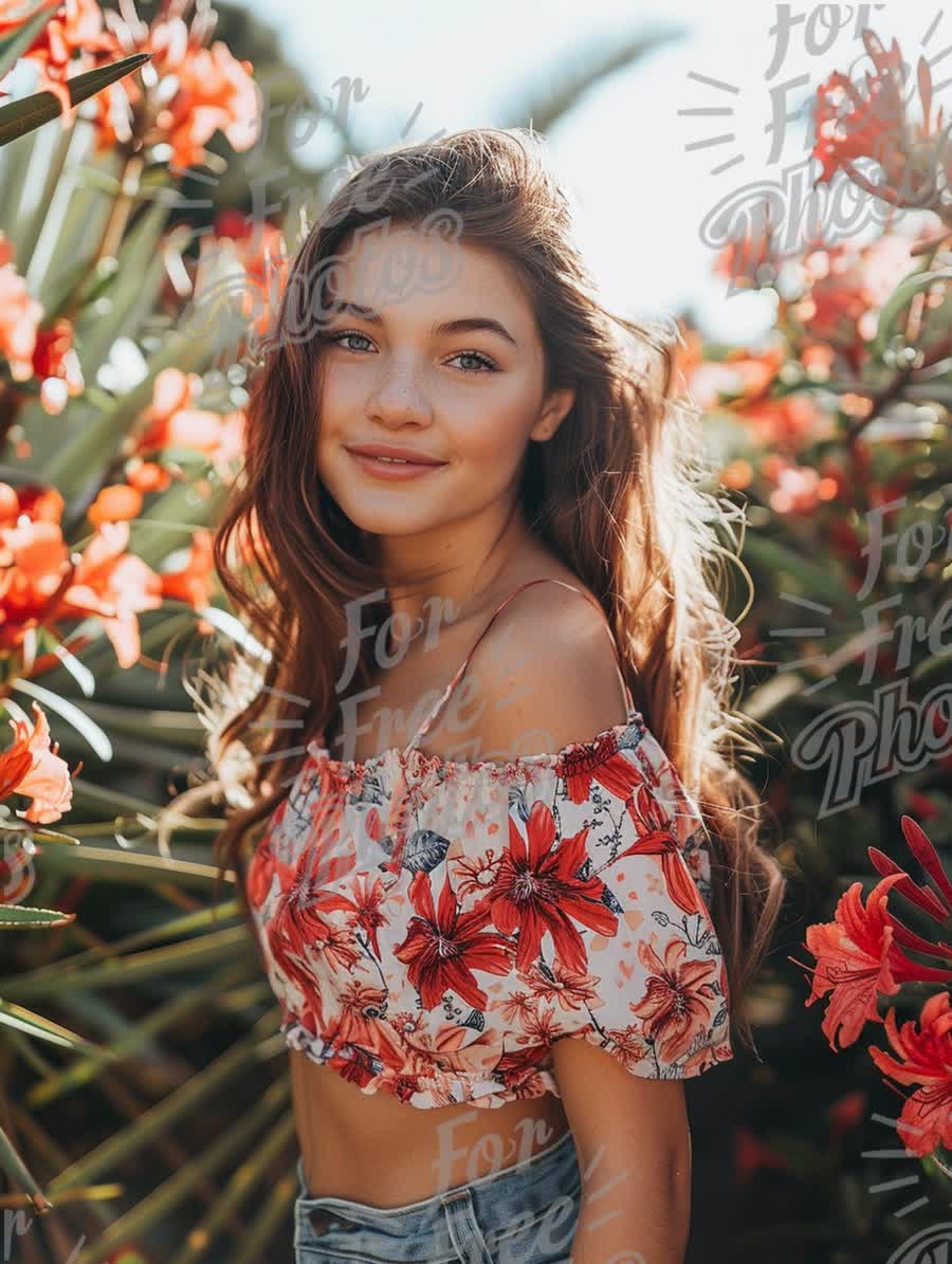 Summer Vibes: Young Woman in Floral Top Surrounded by Vibrant Flowers