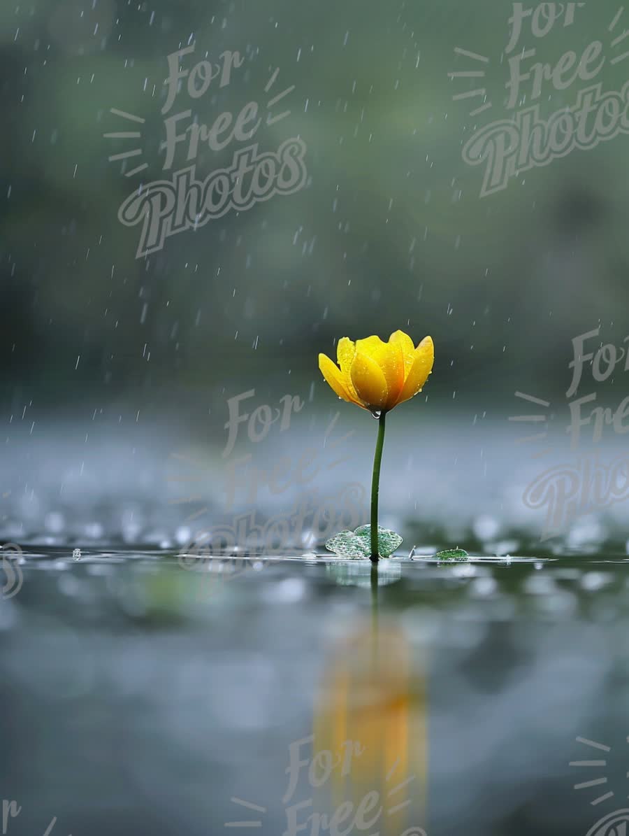 Solitary Yellow Flower in Rainy Pond: Nature's Resilience and Beauty