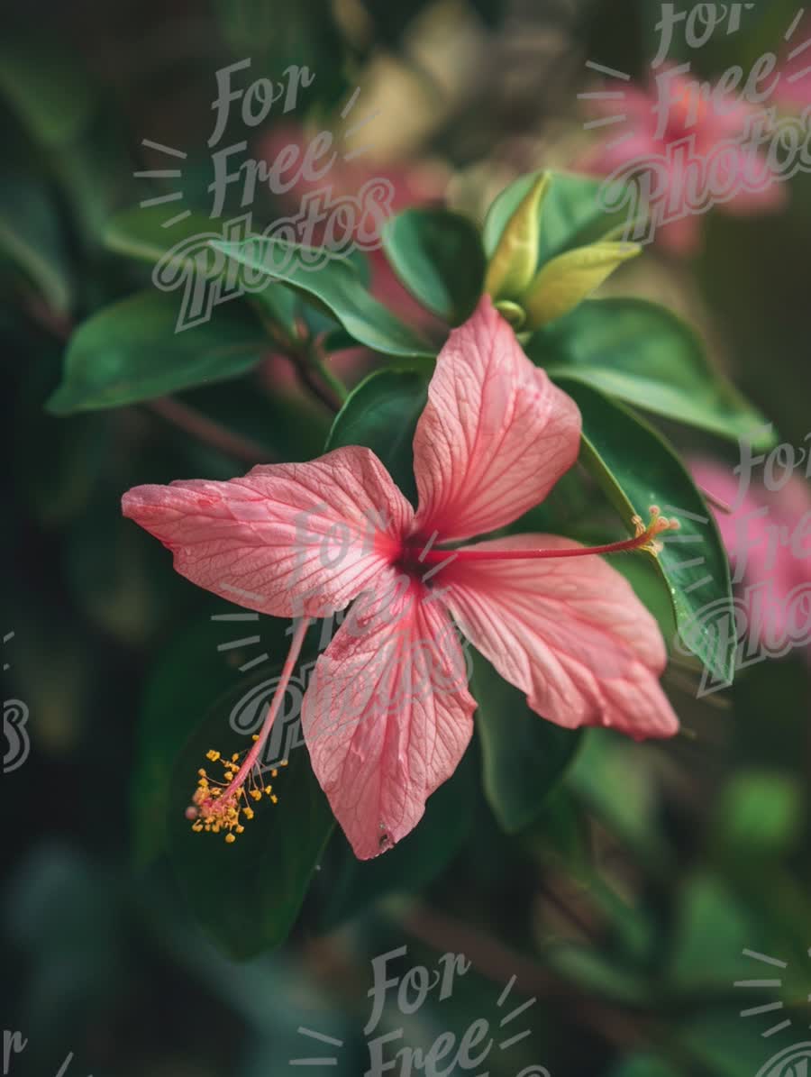 Vibrant Pink Hibiscus Flower with Lush Green Leaves - Tropical Botanical Beauty