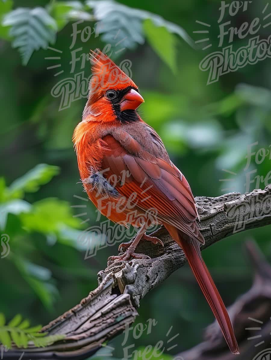 Vibrant Northern Cardinal Perched on Branch Amidst Lush Greenery