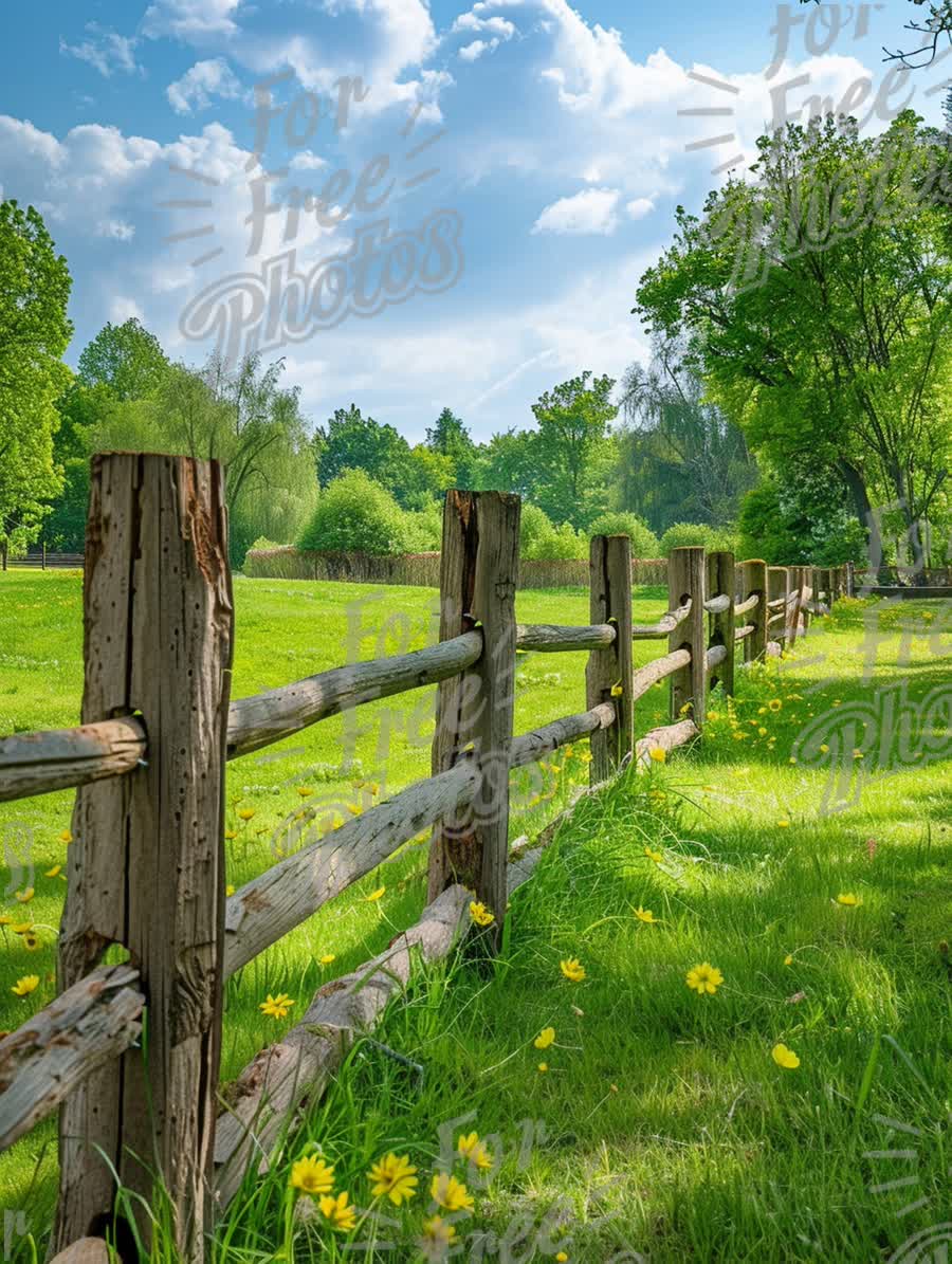 Serene Countryside Landscape with Wooden Fence and Wildflowers Under Blue Sky