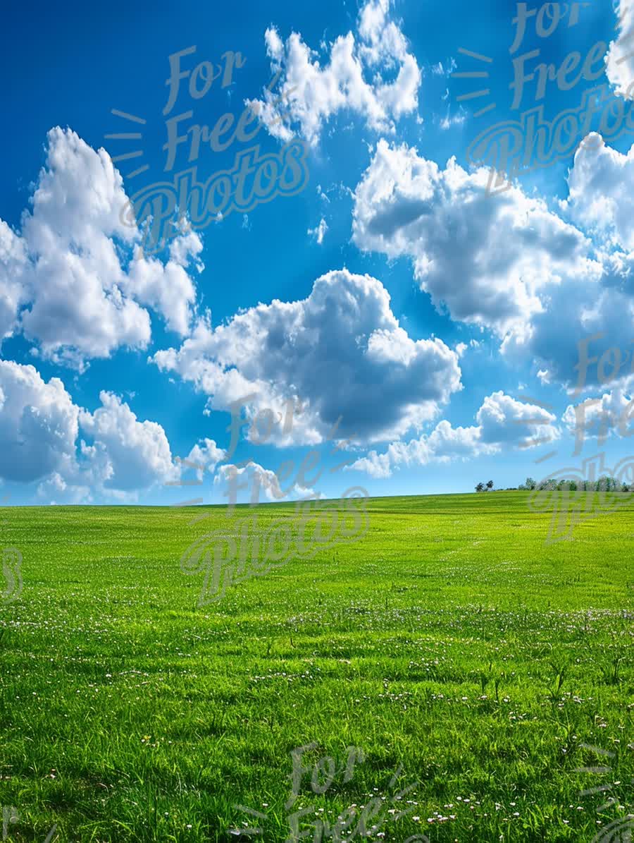 Vibrant Green Meadow Under a Bright Blue Sky with Fluffy Clouds