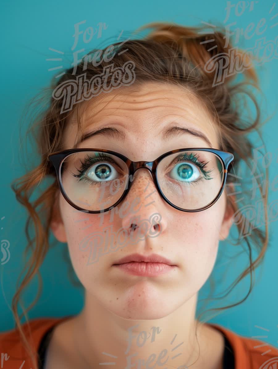 Surprised Young Woman with Glasses Against Turquoise Background