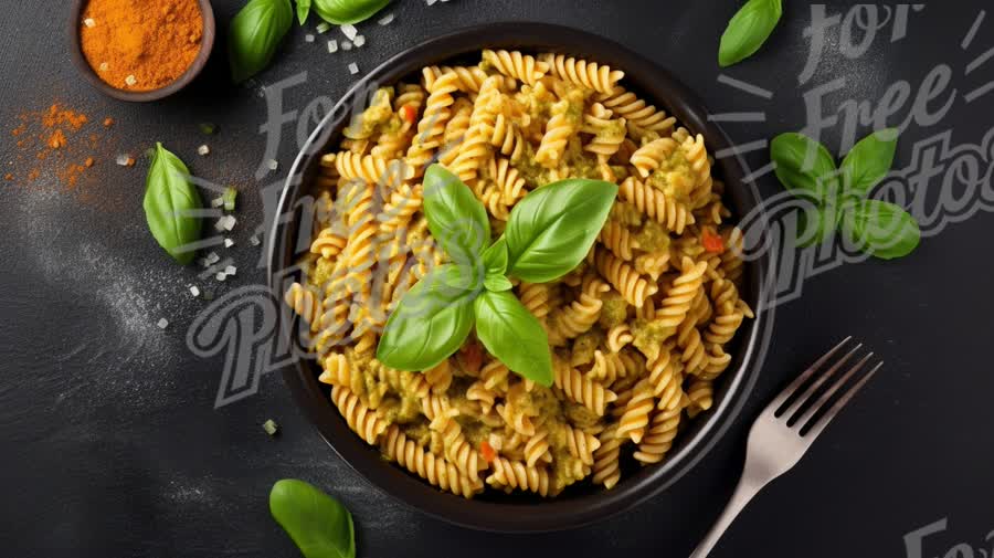 Delicious Rotini Pasta with Fresh Basil and Spices on Dark Background