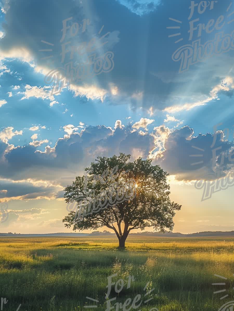 Majestic Sunset Over Solitary Tree in Open Field