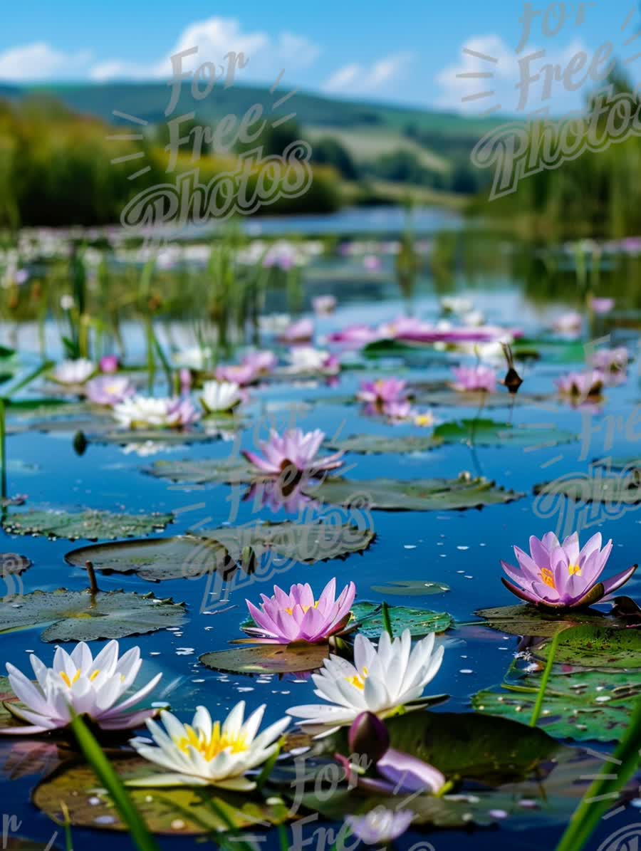 Serene Water Lily Pond: Tranquil Nature Scene with Colorful Blooms and Reflections