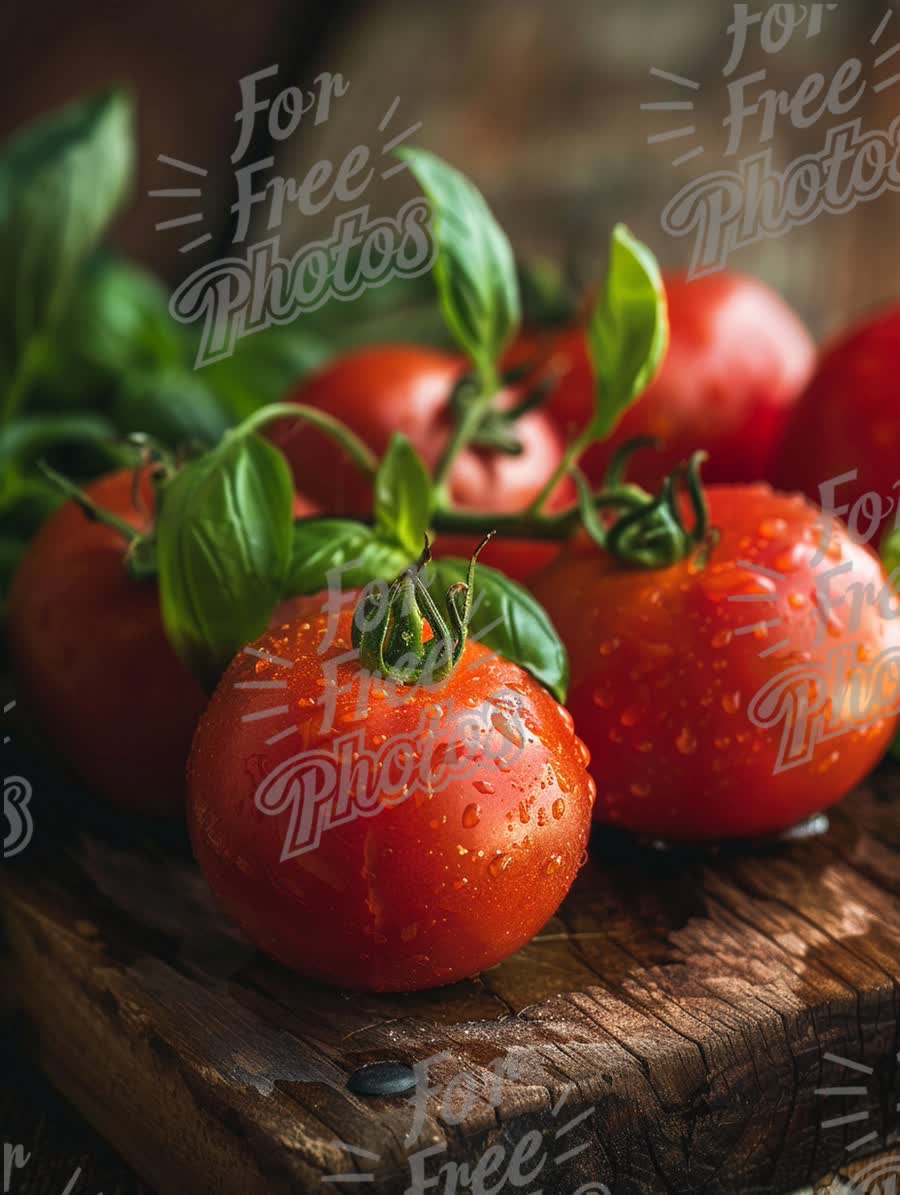 Fresh Organic Tomatoes with Basil on Rustic Wooden Background