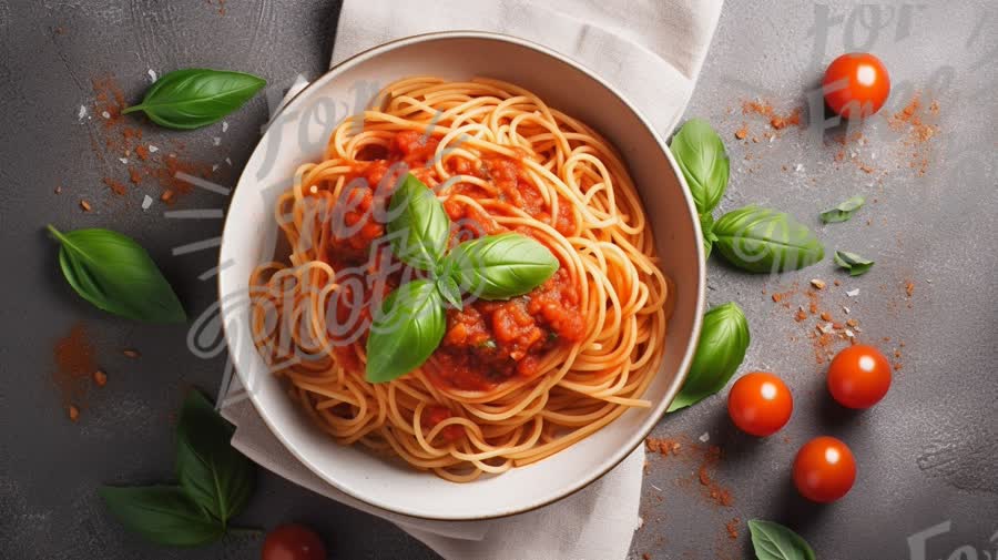 Delicious Spaghetti with Tomato Sauce and Fresh Basil on Rustic Table