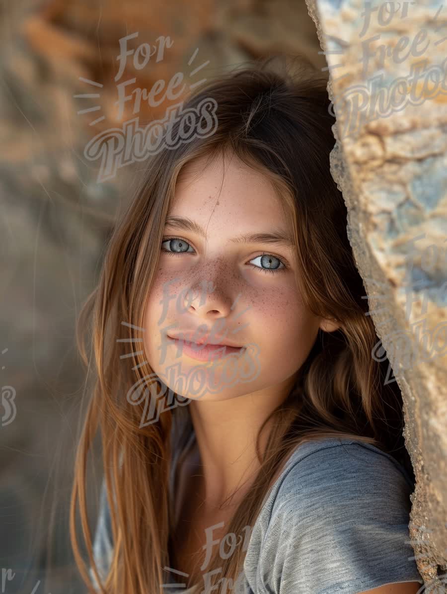 Natural Beauty: Portrait of a Young Girl with Freckles and Blue Eyes in a Rustic Setting