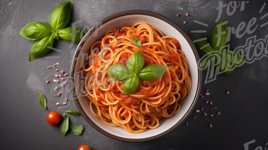 Delicious Spaghetti with Tomato Sauce and Fresh Basil on Dark Background