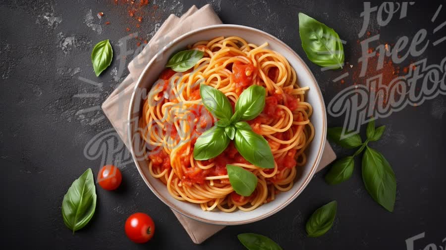 Delicious Spaghetti with Tomato Sauce and Fresh Basil on Dark Background