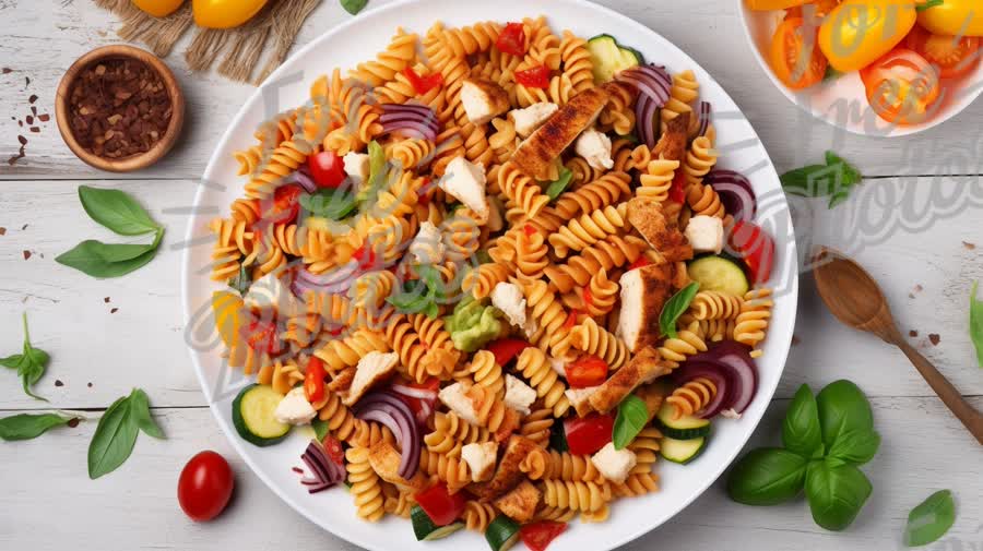 Colorful Rotini Pasta Salad with Grilled Chicken and Fresh Vegetables