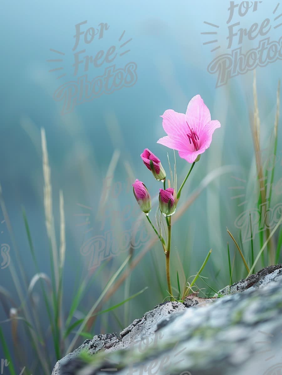 Delicate Pink Wildflower Growing on Rocky Terrain with Soft Focus Background