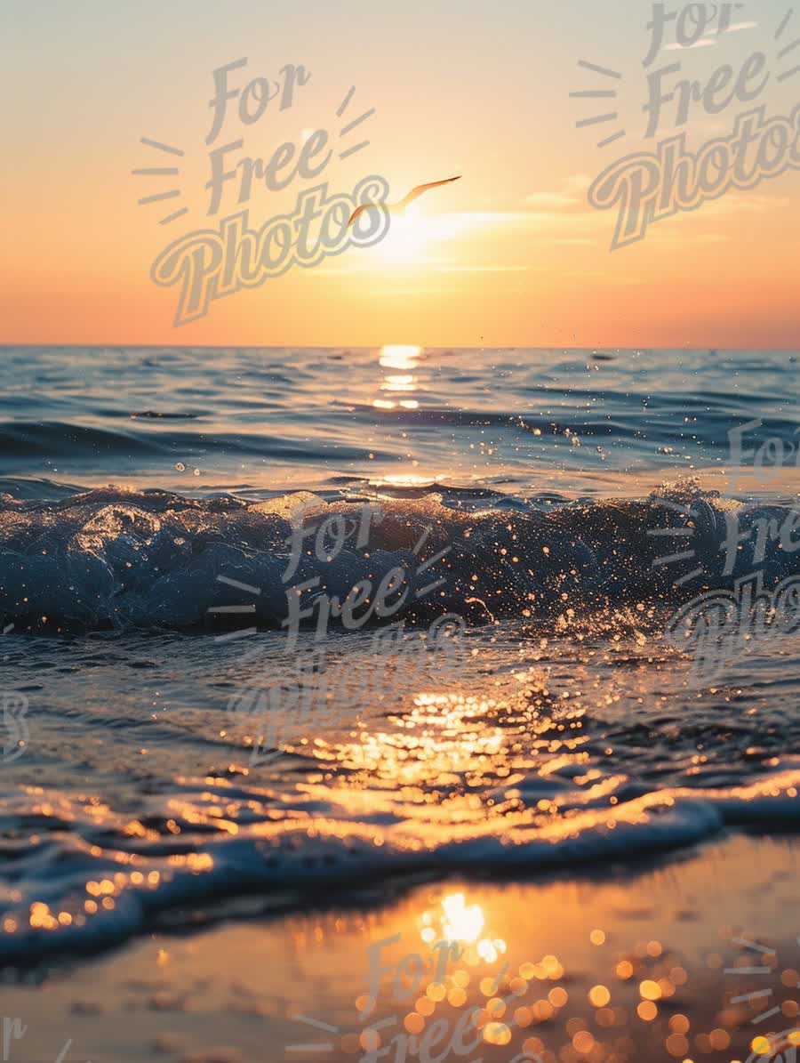 Serene Sunset Over Ocean Waves with Seagull in Flight