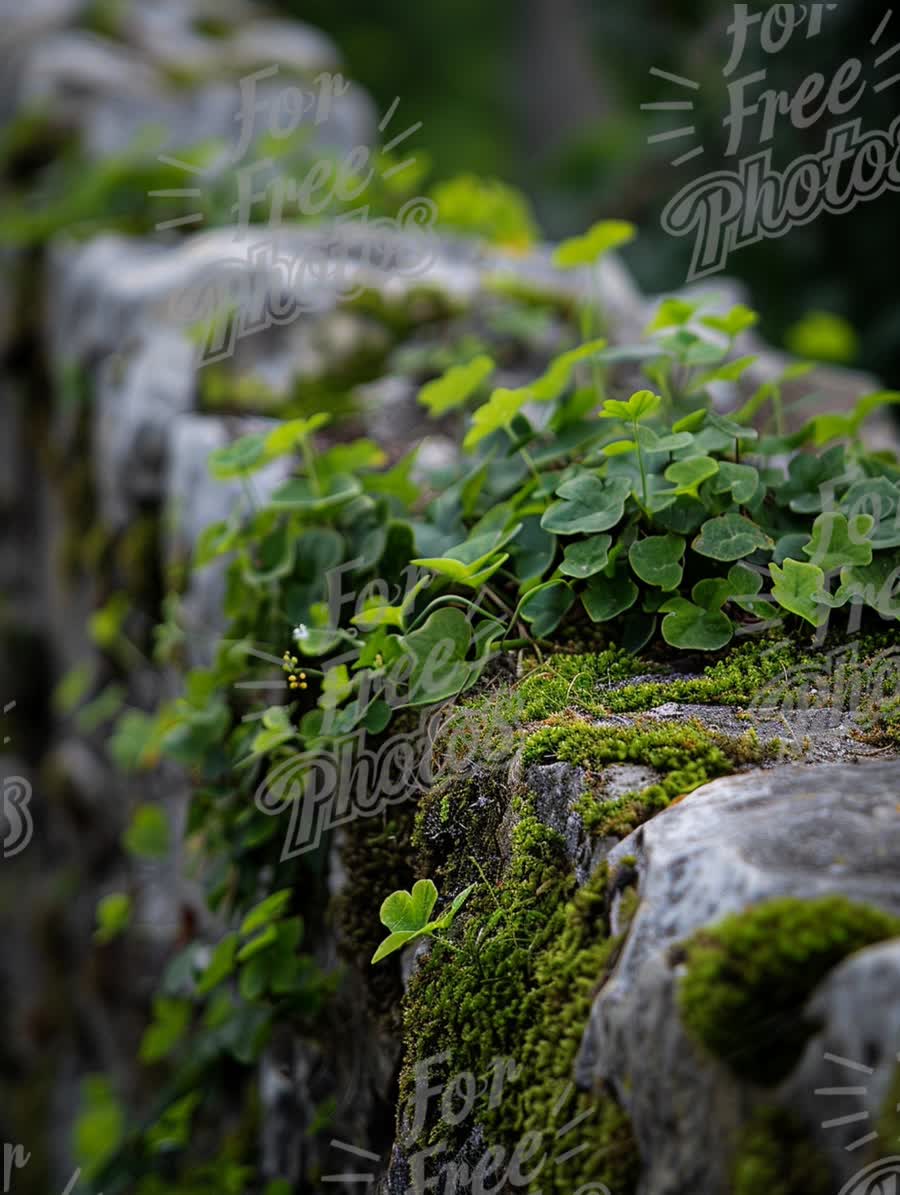 Serene Nature: Lush Green Moss and Ivy on Weathered Stone Wall