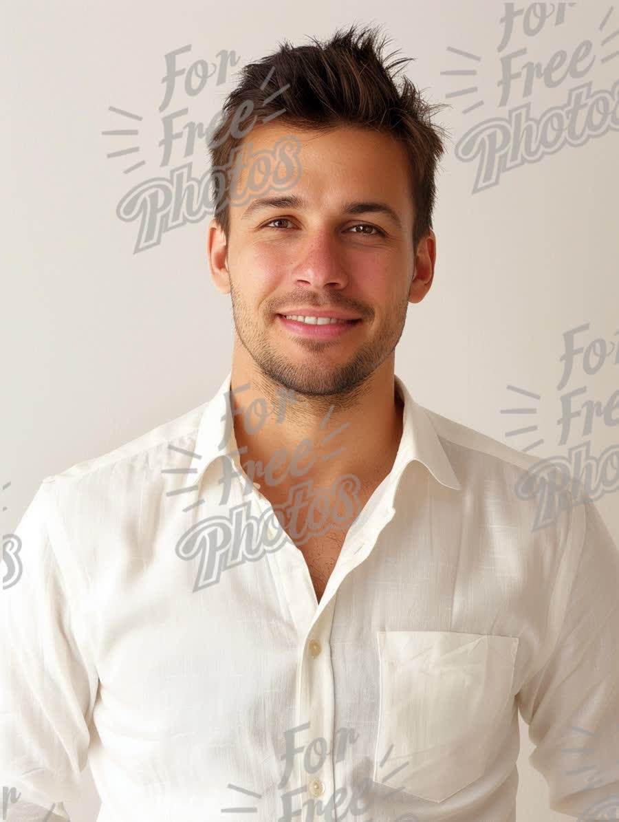 Confident Young Man in Casual White Shirt Smiling Against Neutral Background