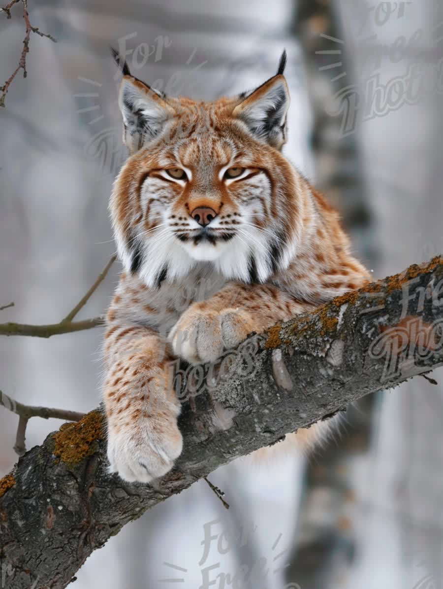 Majestic Lynx Resting on Tree Branch in Winter Landscape