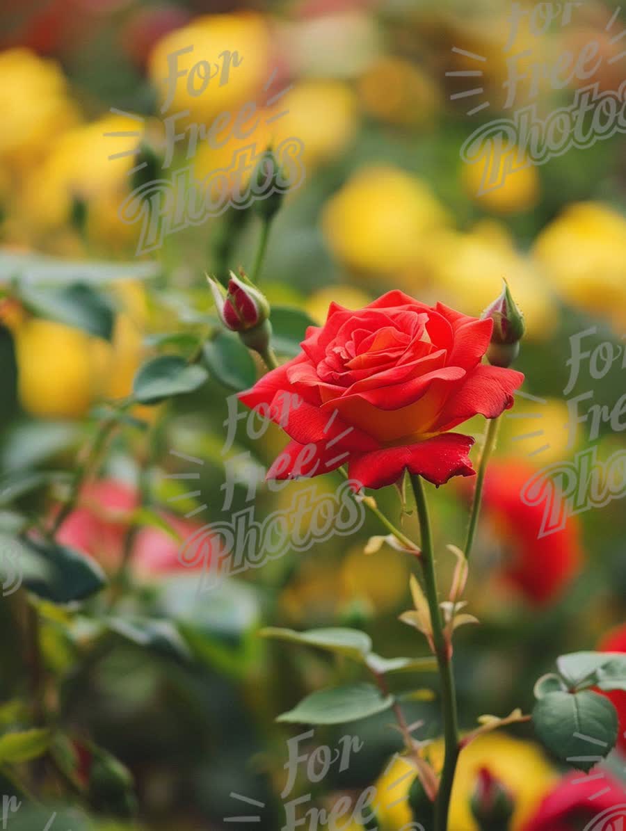 Vibrant Red Rose in Bloom Amidst Colorful Garden Background