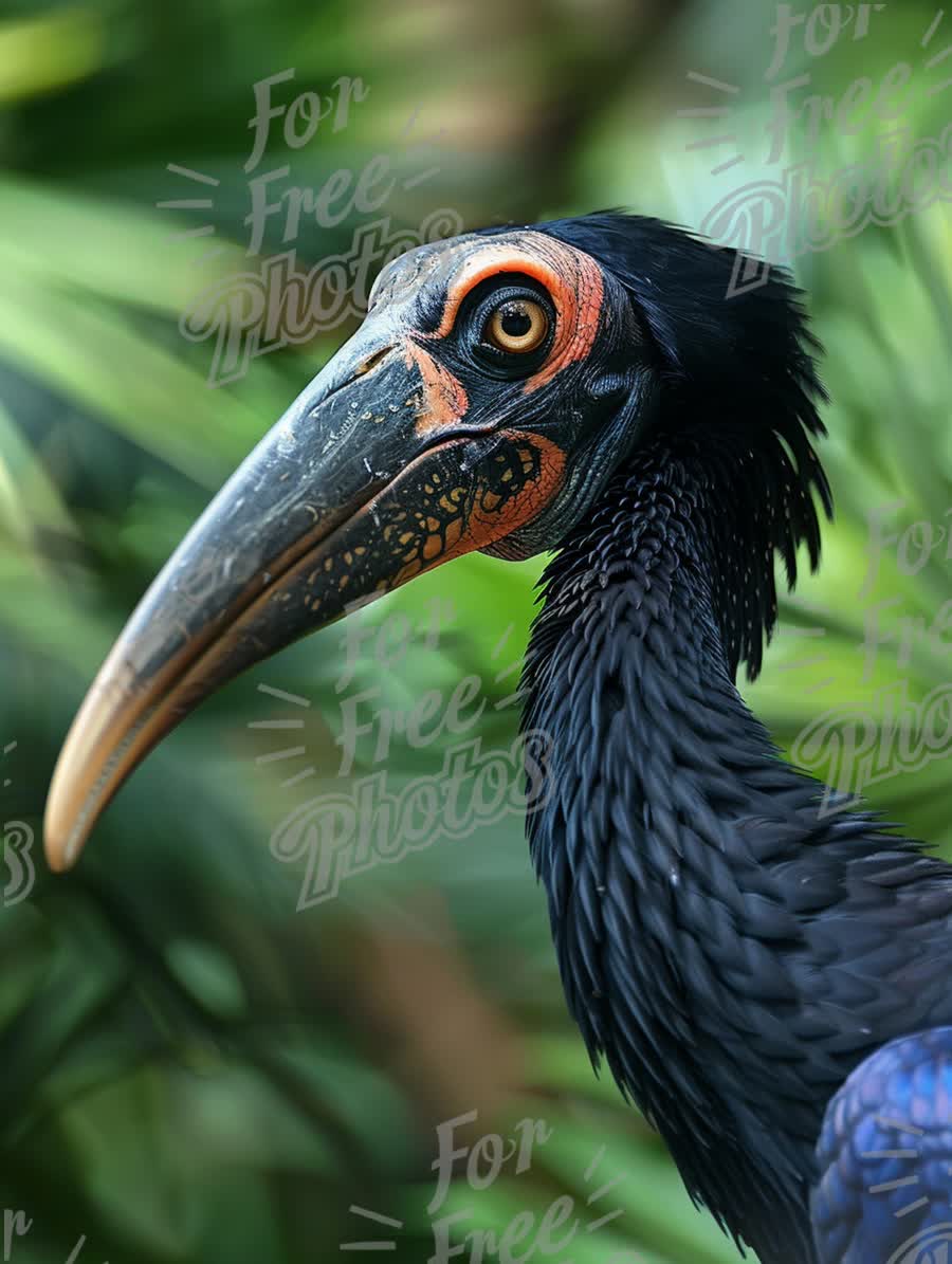 Exotic Black Hornbill Bird Portrait in Lush Greenery