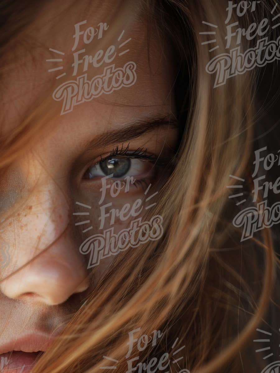 Close-Up of a Young Woman's Face with Freckles and Flowing Hair in Natural Light