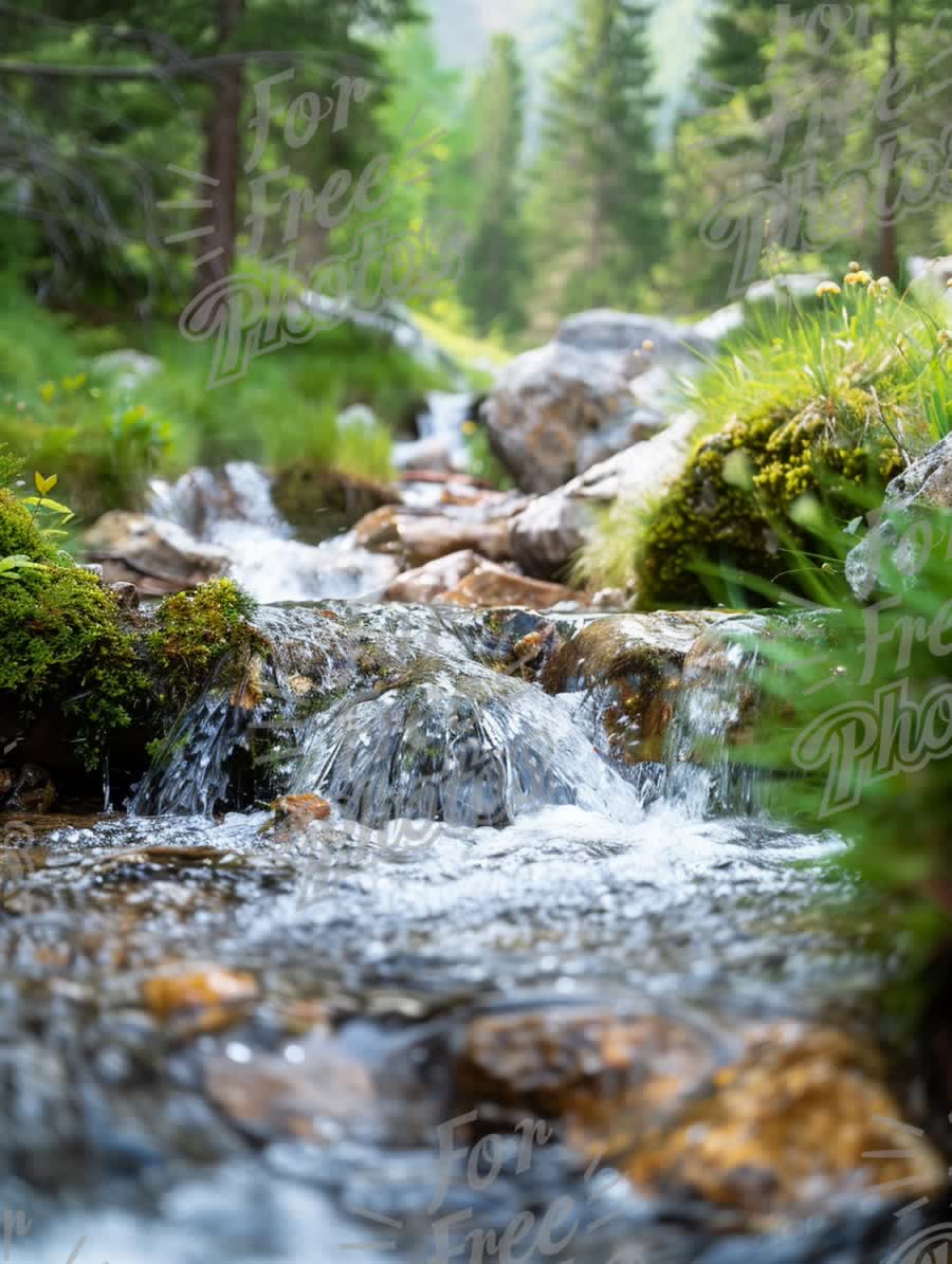 Tranquil Mountain Stream with Lush Greenery and Clear Water