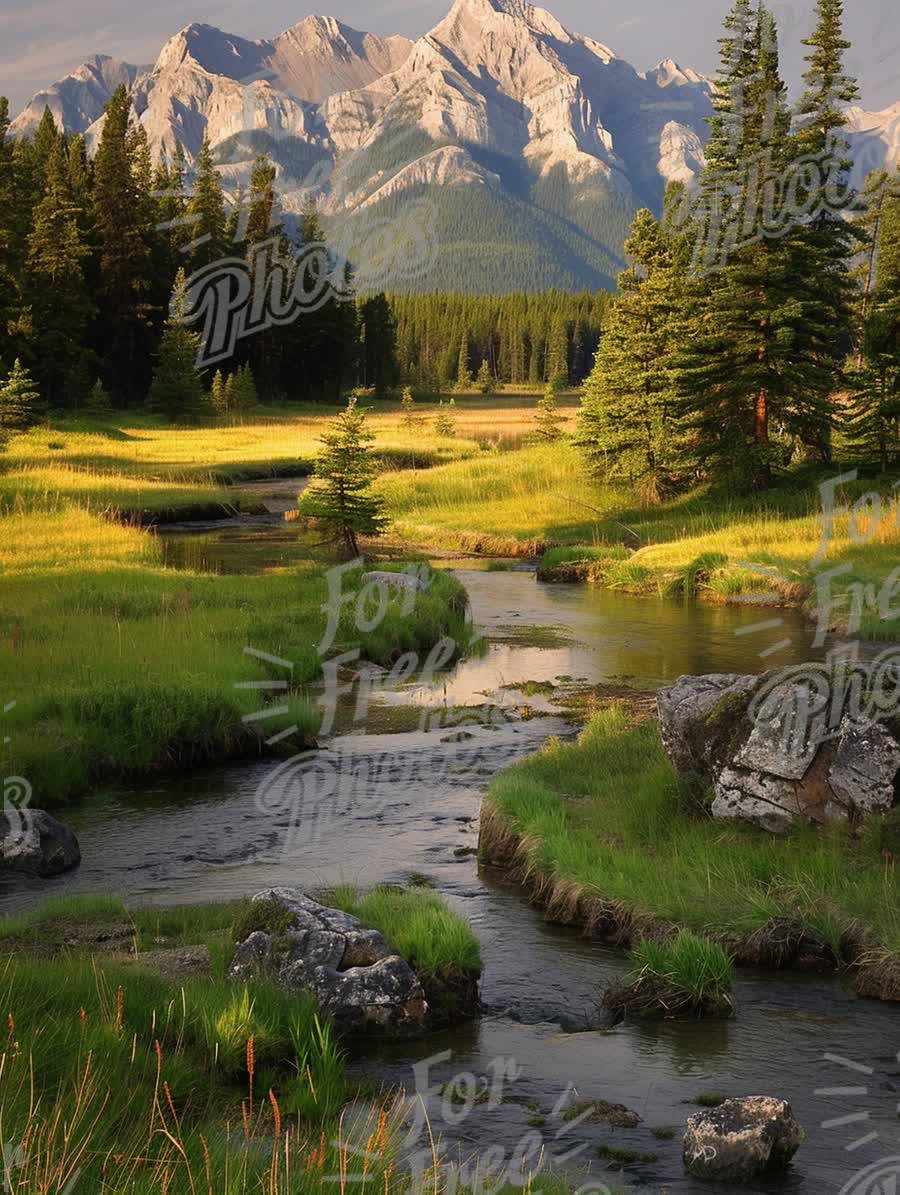 Tranquil Mountain Landscape with Stream and Lush Greenery