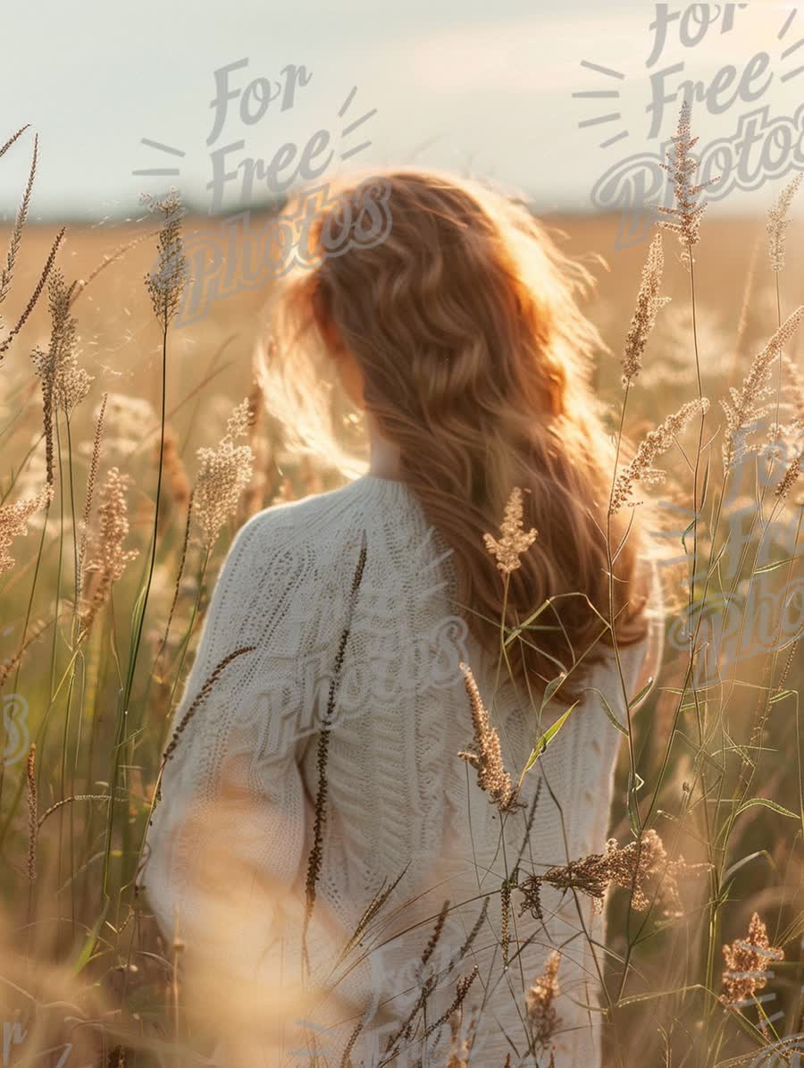 Serene Woman in Sweater Amidst Golden Field at Sunset