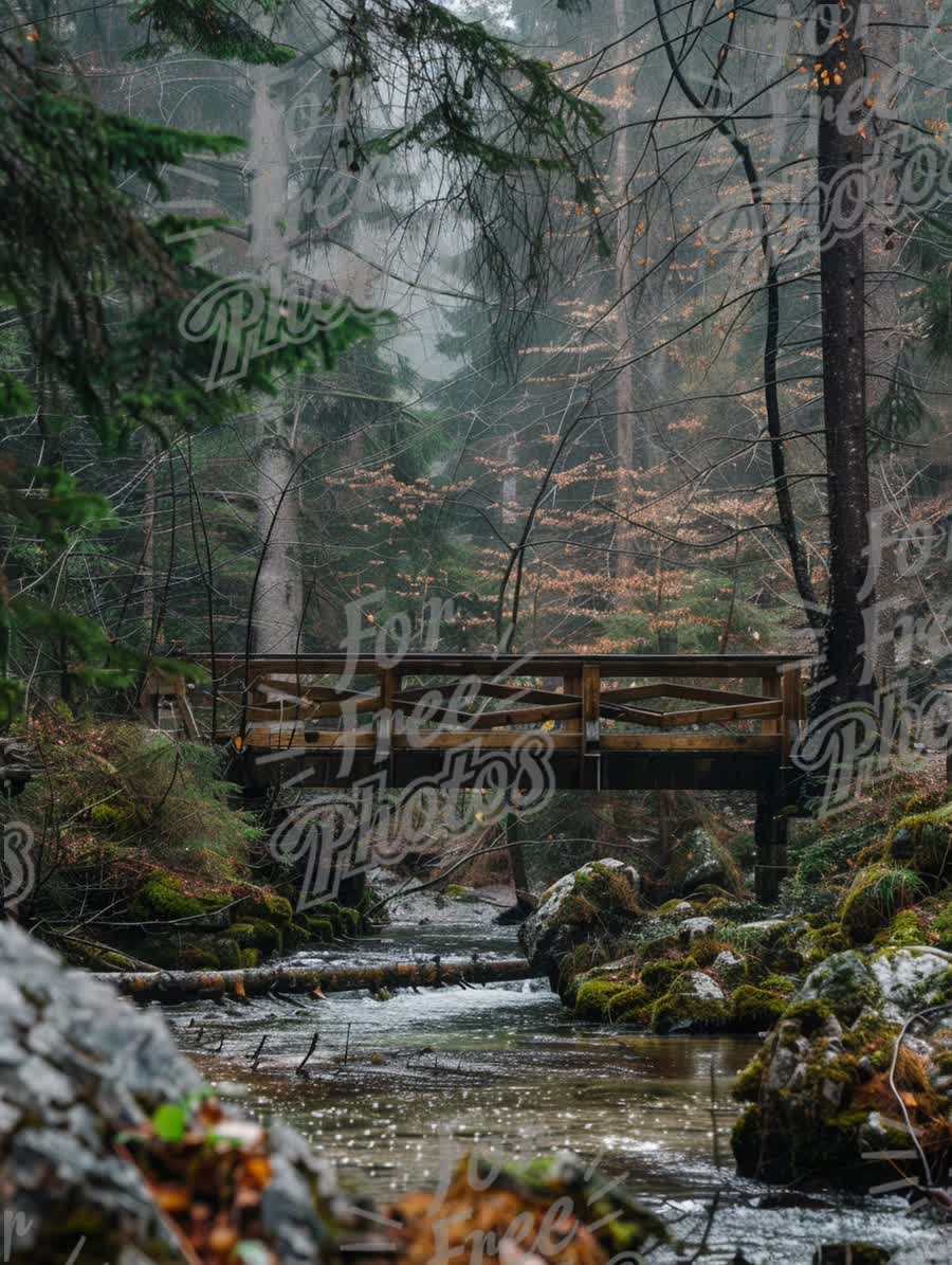 Serene Forest Landscape with Wooden Bridge Over Tranquil Stream