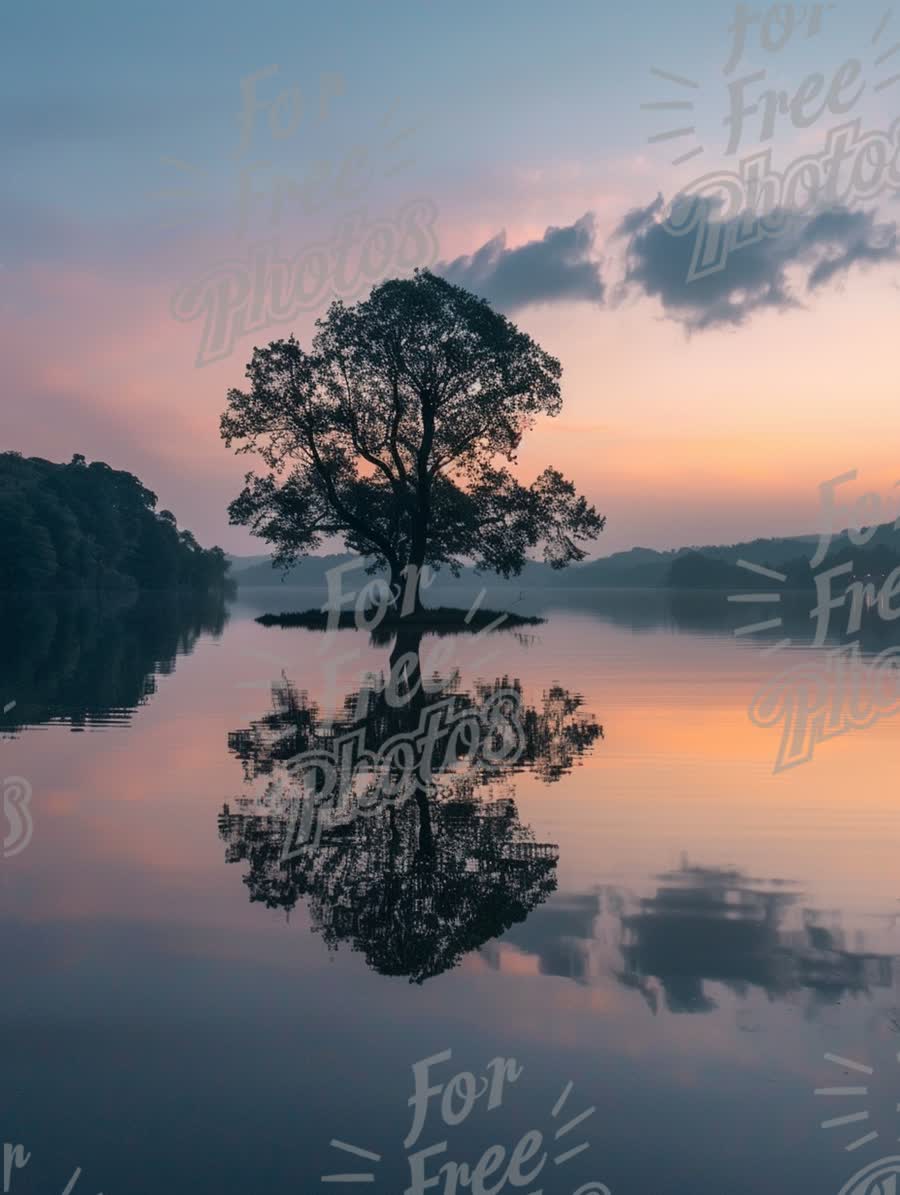 Serene Sunset Reflection: Tranquil Lake with Isolated Tree Silhouette