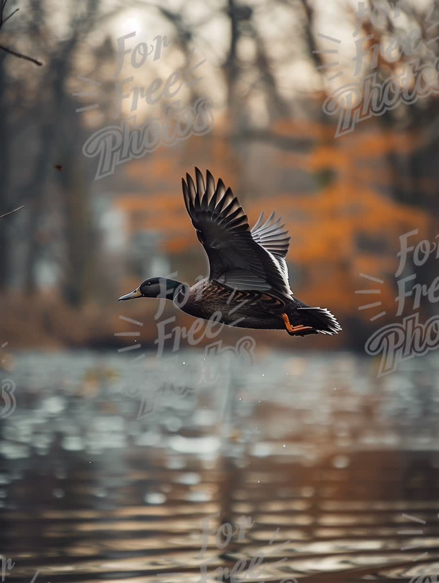 Graceful Duck in Flight Over Tranquil Water at Sunset