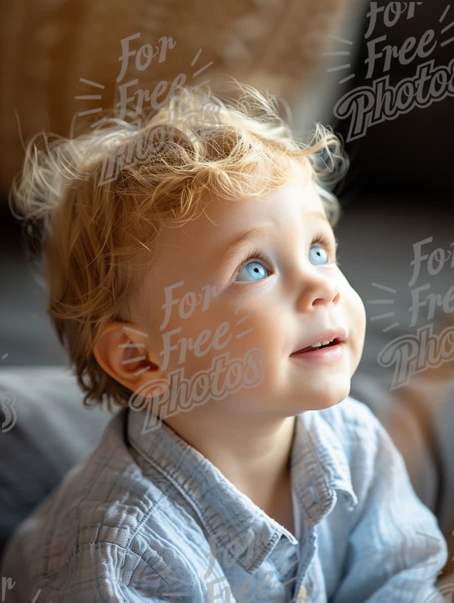 Adorable Toddler with Bright Blue Eyes Looking Up in Natural Light