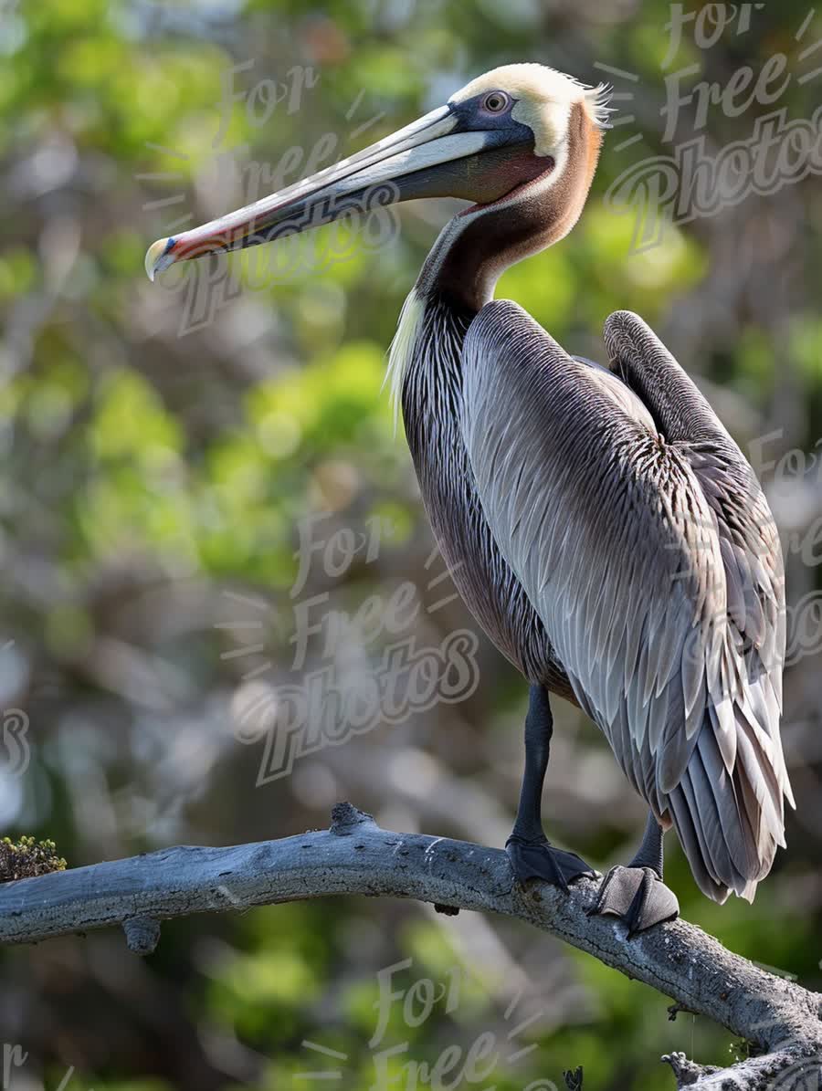 Majestic Brown Pelican Perched on a Branch in Lush Greenery