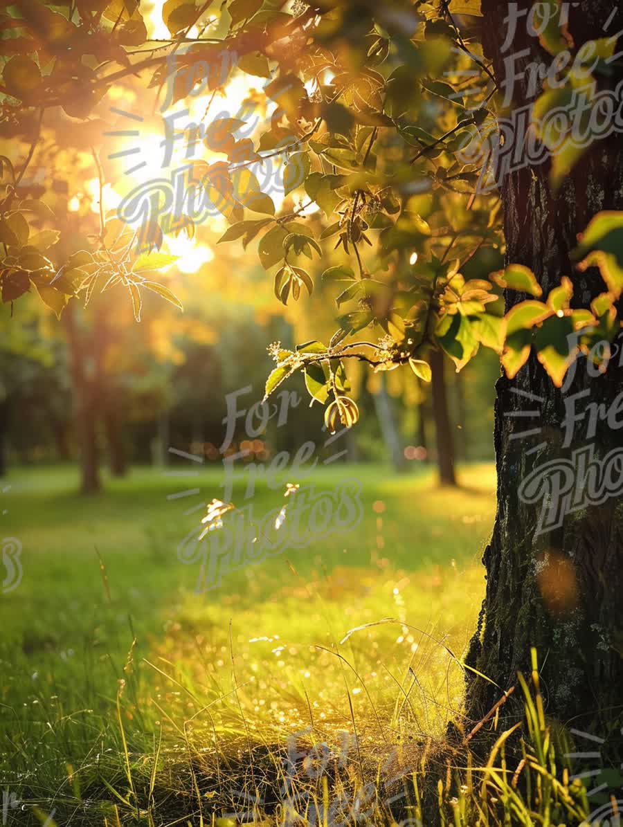 Golden Hour Serenity: Sunlight Filtering Through Lush Green Leaves in a Tranquil Park