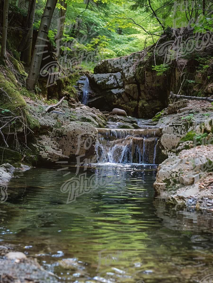 Tranquil Forest Stream with Cascading Waterfalls and Lush Greenery