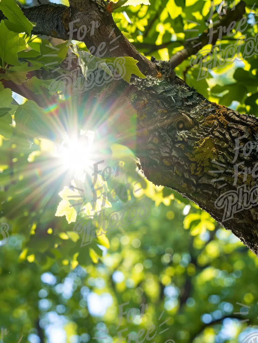 Sunlight Filtering Through Green Leaves on a Tree Trunk