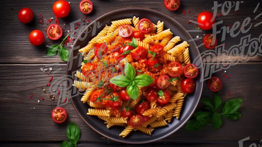 Delicious Italian Pasta with Fresh Tomatoes and Basil on Rustic Wooden Table